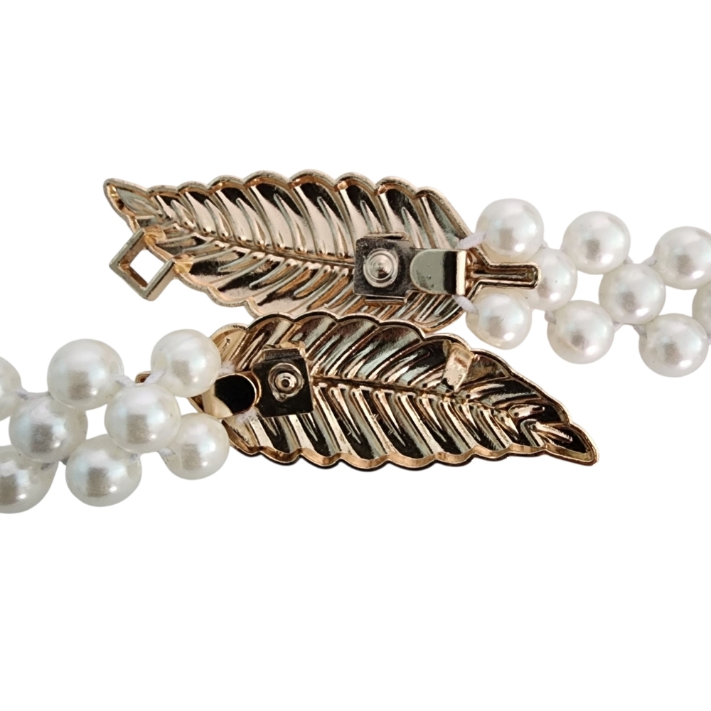 Y2K pearl belt gold leaf buckle white pearl beads vintage elastic expandable - Picture 5 of 14